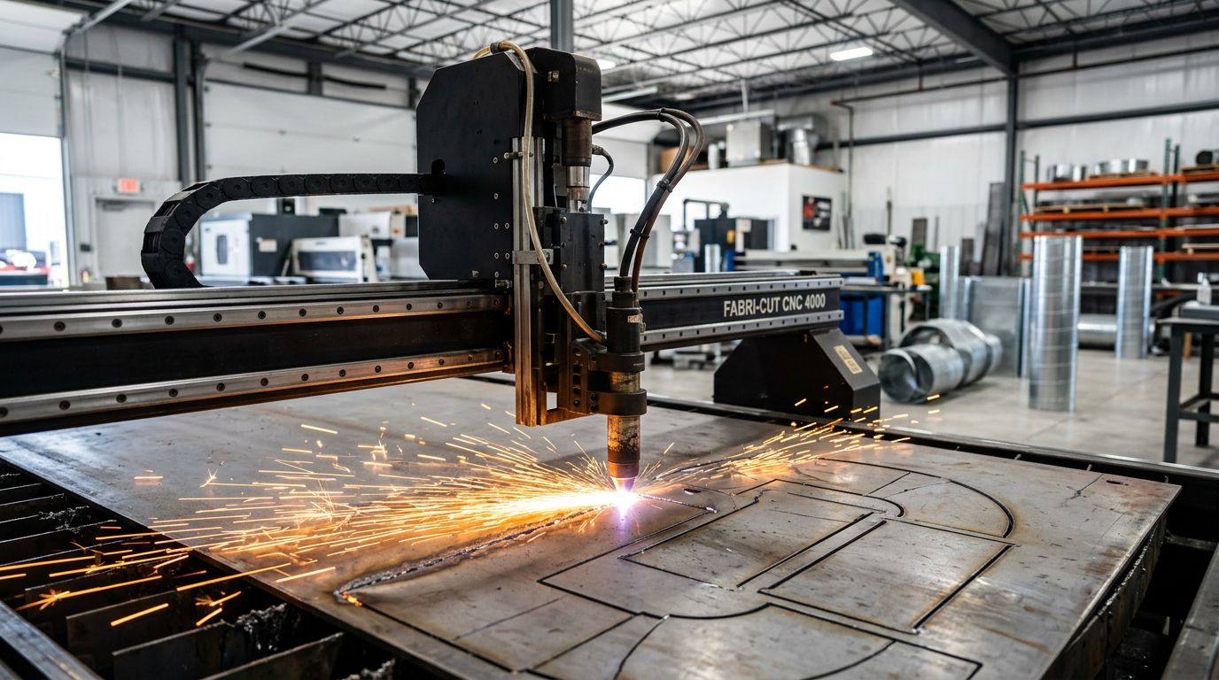 A CNC machine cutting sheet steel for MEP fabrication